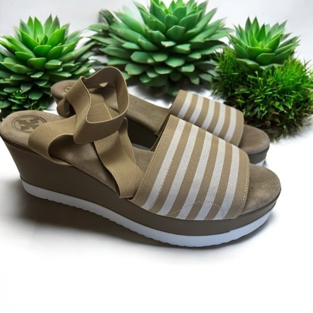 Charleston Shoe Co. Wedge Sandals Women 10 Tan Striped Elastic Platform Casual